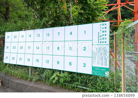 Election poster display areas: Numbered poster display areas that blend into the city landscape. Election poster display areas: Numbered poster display areas that blend into the city landscape. 138658899