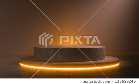 Minimalist wooden podium with orange neon glowing circle on dark floor Minimalist wooden podium with orange neon glowing circle on dark floor 138659249