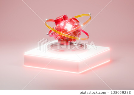 Abstract red crystal sculpture on glowing white podium stage 138659288