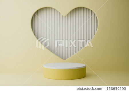 Minimalist beige heart shaped wall with white podium in studio 138659290
