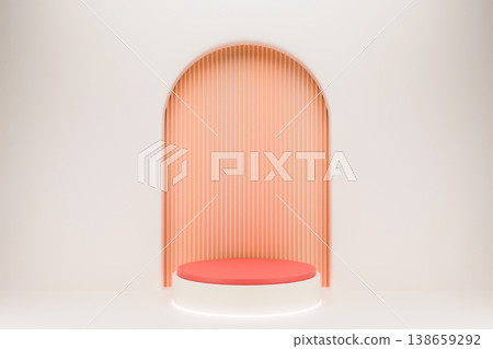 Minimalist pink arch wall with red podium for product display Minimalist pink arch wall with red podium for product display 138659292