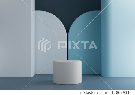 Minimalist white podium with blue geometric wall background Minimalist white podium with blue geometric wall background 138659313