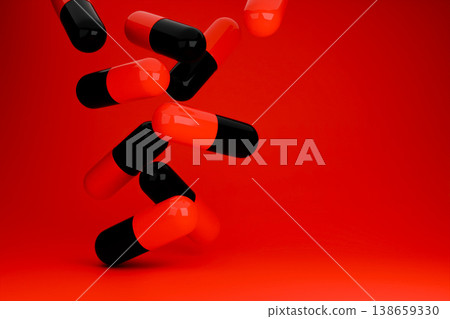 Red and black capsules falling on a bright red surface Red and black capsules falling on a bright red surface 138659330