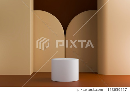 Brown thick liquid falling onto white round pedestal Brown thick liquid falling onto white round pedestal 138659337