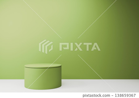 Minimalist green studio background with single green cylindrical podium Minimalist green studio background with single green cylindrical podium 138659367