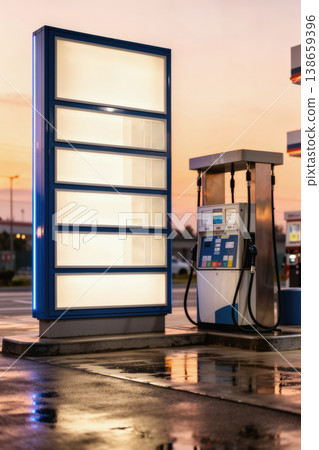 Gas station price board and fuel pump under dusky sky with wet reflections 138659396