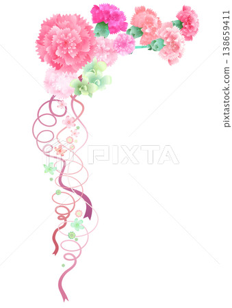 A vibrant carnation corner decoration in pink with a pink ribbon. A vibrant carnation corner decoration in pink with a pink ribbon. 138659411