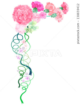 A vibrant carnation corner decoration with pink and green ribbons. A vibrant carnation corner decoration with pink and green ribbons. 138659412