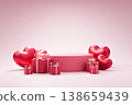 Pink product podium with red gift boxes and glossy hearts 138659439