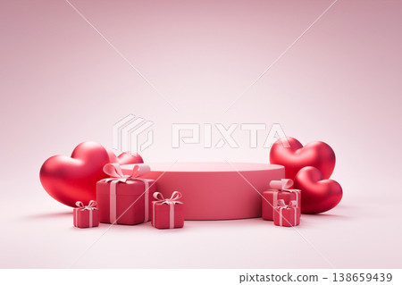 Pink product podium with red gift boxes and glossy hearts Pink product podium with red gift boxes and glossy hearts 138659439