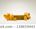 Golden product podium with yellow gift boxes and golden hearts 138659443