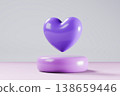 Purple glossy heart floating above a matching round podium 138659446