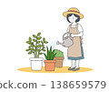 一幅描繪一位女士在夏季用澆水壺給室內植物澆水的插圖（園藝向量圖）。 138659579