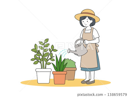 一幅描繪一位女士在夏季用澆水壺給室內植物澆水的插圖(園藝向量圖)。 一幅描繪一位女士在夏季用澆水壺給室內植物澆水的插圖(園藝向量圖)。 138659579