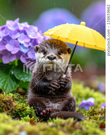 一隻小水獺拿著一把黃色雨傘 138659662