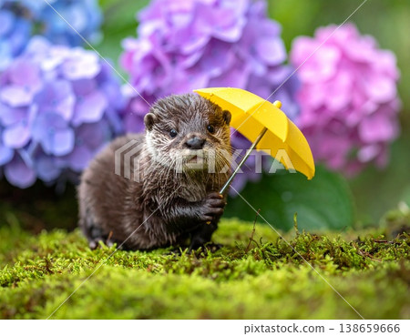 一隻小水獺拿著一把黃色雨傘 138659666