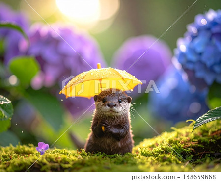一隻小水獺拿著一把黃色雨傘 138659668