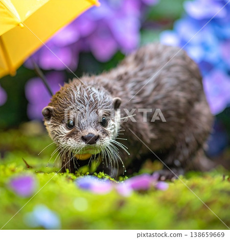 一隻小水獺拿著一把黃色雨傘 138659669