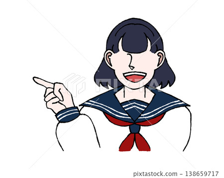 身穿制服的女學生,指著方向,面向左側,半身像插圖。 身穿制服的女學生,指著方向,面向左側,半身像插圖。 138659717