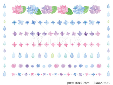 一組裝飾線條，以色彩繽紛的水彩繡球花和雨季景象為特色。 138659849