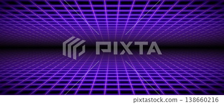 Purple glow neon wireframe background. Dark shining checkered grid floor plane in perspective. Bright retro futuristic horizon wallpaper. Arcade game sci fi matrix landscape surface. Vector backdrop Purple glow neon wireframe background. Dark shining checkered grid floor plane in perspective. Bright retro futuristic horizon wallpaper. Arcade game sci fi matrix landscape surface. Vector backdrop 138660216