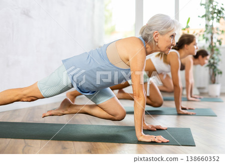 Elderly woman doing pilates in group in studio Elderly woman doing pilates in group in studio 138660352
