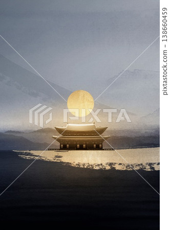 New Chinese style landscape architecture traditional artistic conception art illustration New Chinese style landscape architecture traditional artistic conception art illustration 138660459