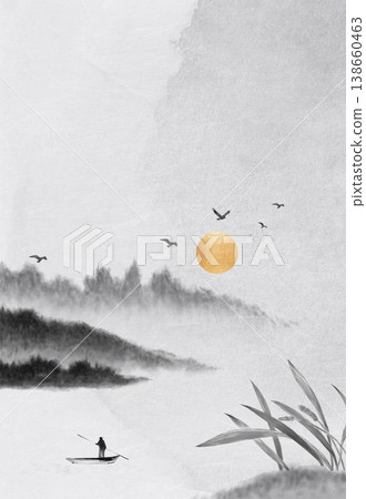 New Chinese style landscape architecture traditional artistic conception art illustration New Chinese style landscape architecture traditional artistic conception art illustration 138660463