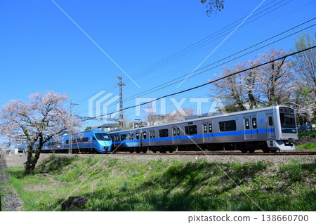 小田急60000系列MSE浪漫車和3000系列3270F在漸凋的櫻花中擦肩而過。 138660700