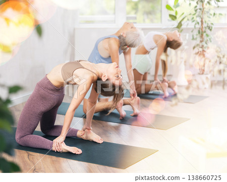 Mom, grandma and teenage daughter do camel pose Ushtrasana Mom, grandma and teenage daughter do camel pose Ushtrasana 138660725