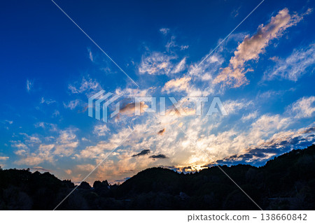 夕陽西下，金色的光芒灑滿天空，緩緩沉入布目湖對岸的山脈後方，金色的雲彩點綴其間，天空湛藍如洗。 138660842