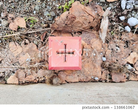 在落葉之中,一塊帶有紅色十字架的混凝土界碑被打入地面。 在落葉之中,一塊帶有紅色十字架的混凝土界碑被打入地面。 138661067