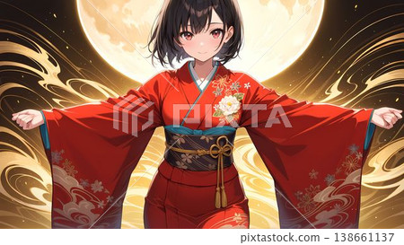 Illustration of a woman wearing a red kimono 138661137