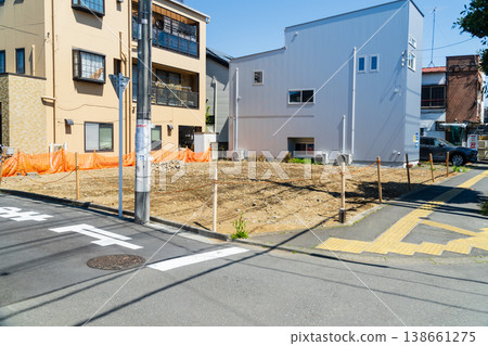 A vacant lot on a corner lot created by the demolition of a house A vacant lot on a corner lot created by the demolition of a house 138661275