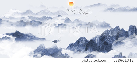 New Chinese and Japanese style landscape architecture illustration with traditional aesthetic art imagery 138661312