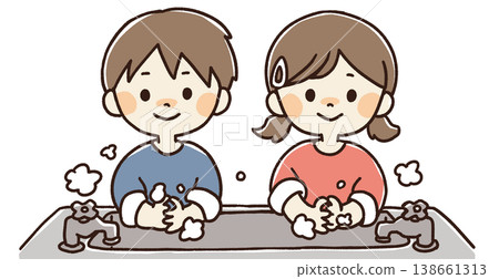 Hand-drawn illustration of a child washing their hands Hand-drawn illustration of a child washing their hands 138661313