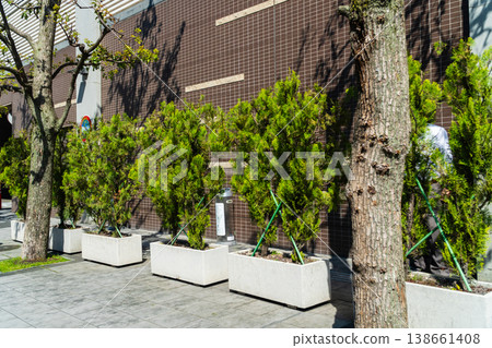 A smoking area surrounded by bushes along the sidewalk. 138661408