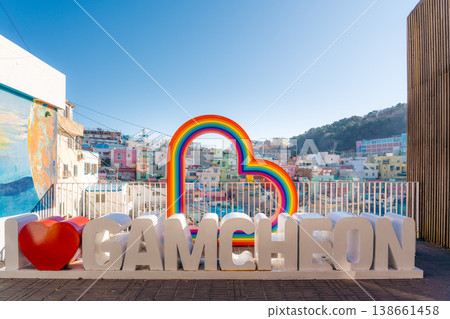 I love Gamcheon sign with rainbow heart in colorful village I love Gamcheon sign with rainbow heart in colorful village 138661458