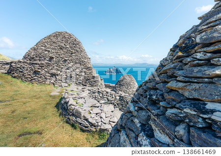 Historic beehive huts of Skellig Michael, Ireland, built by monks for isolated worship Historic beehive huts of Skellig Michael, Ireland, built by monks for isolated worship 138661469