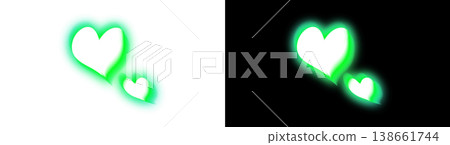 Two glowing green hearts, one on a transparent background and the other on a black background. Two glowing green hearts, one on a transparent background and the other on a black background. 138661744