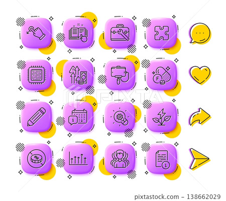 No cash, Pencil and Puzzle line icons. App 3d buttons. Social media comment, share, like icons. Pack of Cpu processor, Inflation, Fluorine mineral icon. Vector 138662029