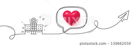 Hospital building line icon. Continuous line with share plane. Medical help sign. 3d heart in speech bubble. Hospital building single line ribbon. Loop curve pattern. Vector 138662030
