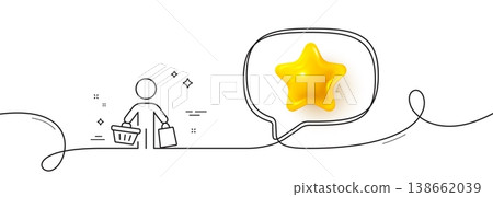 Buyer with shopping cart line icon. Continuous line with 3d star. Customer with bags sign. Supermarket client symbol. 3d star in speech bubble. Buyer single line ribbon. Loop curve pattern. Vector Buyer with shopping cart line icon. Continuous line with 3d star. Customer with bags sign. Supermarket client symbol. 3d star in speech bubble. Buyer single line ribbon. Loop curve pattern. Vector 138662039