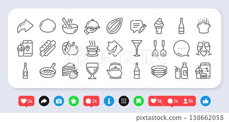 Dishes, Cooking hat and Coffee cup line icons pack. Social media: share, comment, like icons. Wine, Champagne bottle, Wine glass web icon. Almond nut, Restaurant food, Milk pictogram. Vector Dishes, Cooking hat and Coffee cup line icons pack. Social media: share, comment, like icons. Wine, Champagne bottle, Wine glass web icon. Almond nut, Restaurant food, Milk pictogram. Vector 138662058