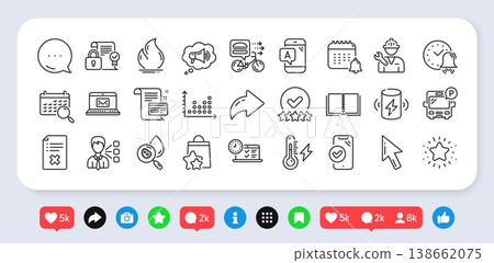 Bus parking, Online test and Alarm bell line icons pack. Social media: share, comment, like icons. Reject file, Book, Security contract web icon. Vector Bus parking, Online test and Alarm bell line icons pack. Social media: share, comment, like icons. Reject file, Book, Security contract web icon. Vector 138662075