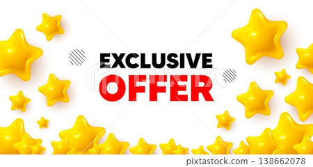 Exclusive offer winner banner with 3d stars. Golden stars banner. Exclusive offer tag. Sale price sign. Advertising discounts symbol. Review rate background. Vector 138662078