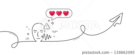 Voice wave line icon. Continuous line with share plane. Face scan sign. Voice verification symbol. Hearts rate review in speech bubble. Voice wave single line ribbon. Loop curve pattern. Vector Voice wave line icon. Continuous line with share plane. Face scan sign. Voice verification symbol. Hearts rate review in speech bubble. Voice wave single line ribbon. Loop curve pattern. Vector 138662095
