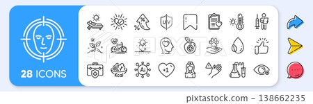 Face detect, Chemistry lab and Hospital nurse line icons. Interest rate, AI generate, Inflation icons. Pack of Dont touch, Vaccination announcement, Cardio bike icon. Vector 138662235