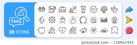 Verify, Sunscreen and Analysis graph line icons. Interest rate, AI generate, Inflation icons. Pack of Music, Portfolio, Puzzle icon. Flammable fuel, Mental health, Quick tips pictogram. Vector 138662445