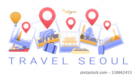 Travel Seoul tourism landmarks cityscape suitcase airplane hot air balloon cruise ship location pins modern flat design banner 138662453